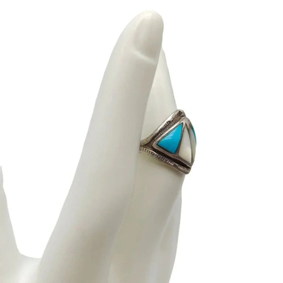 Old Pawn Sterling Silver Mother of Pearl and Sleeping Beauty Turquoise Ring - Picture 2 of 7
